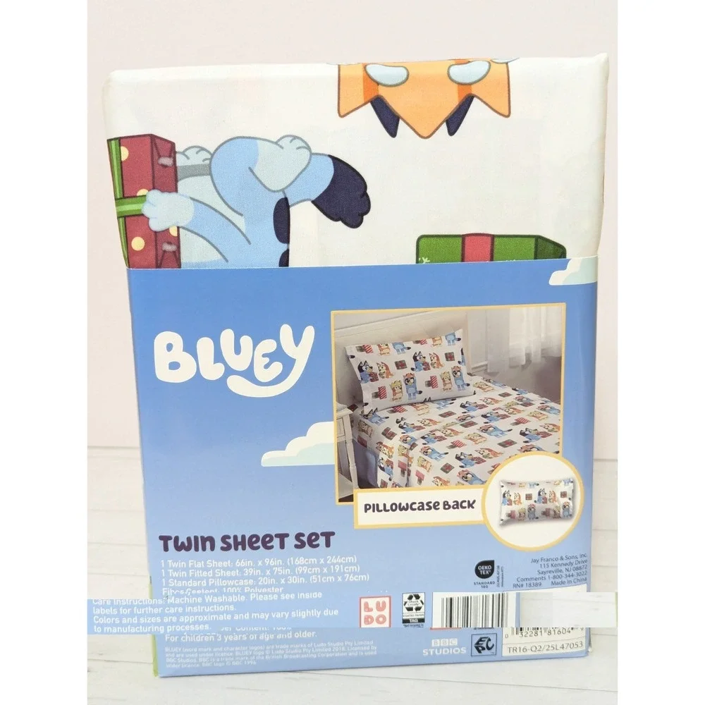 BLUEY BINGO Holiday Gift Print Twin Bed Sheet Set: Flat, Fitted, Pillow Case NEW